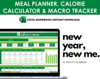 カロリートラッカーと食事プランテンプレート - マクロ食品と習慣追跡 Excel ツール - BMR、健康 & 食品ジャーナル