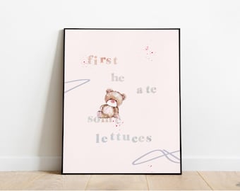 Teddy Bear Art Print for Kids | Printable | First He Ate Some Lettuces | 8x10 Print | Beatrix Potter Quote Poster | Art Gift | Nursery