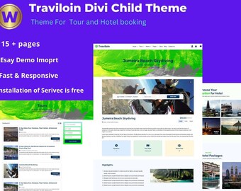 WordPress | Traviloin - Tour et réservation d'hôtel thème enfant Divi | site Web prêt à l'emploi pour la réservation d'hôtels et de circuits | configuration en un clic