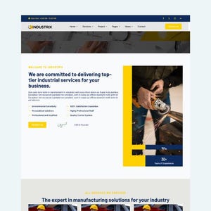 May include: A website design for Industrix, a company offering industrial services. The site features a blue and yellow color scheme, with text that reads "We are committed to delivering top-tier industrial services for your business."