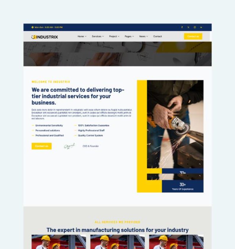 May include: A website design for Industrix, a company offering industrial services. The site features a blue and yellow color scheme, with text that reads "We are committed to delivering top-tier industrial services for your business."