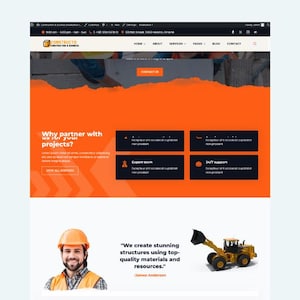 Puede incluir: Una página de inicio de un sitio web para una empresa de construcción llamada "Constructo Construction & Business". El sitio web presenta una llamada a la acción para "Contactar con nosotros" y una sección titulada "¿Por qué asociarse con nosotros para sus proyectos?" con tres beneficios destacados: "Equipo de expertos", "Soporte 24/7" y "Entrega rápida". El sitio web también presenta un testimonio de James Anderson, quien dice: "Creamos estructuras impresionantes utilizando materiales y recursos de alta calidad."