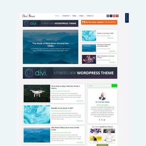 May include: A website homepage for a WordPress theme called Divi. The website features a dark blue and white color scheme with a large banner image of a mountain range. The banner text reads "Divi, A Powerful New WordPress Theme". Below the banner are several articles with images and titles, including "VR is Here to Stay: Find Out What it Means", "Big Ben to Go Quite in 2017", "The State of Education Around the Globe", and "Japan Population Continues to Drop".