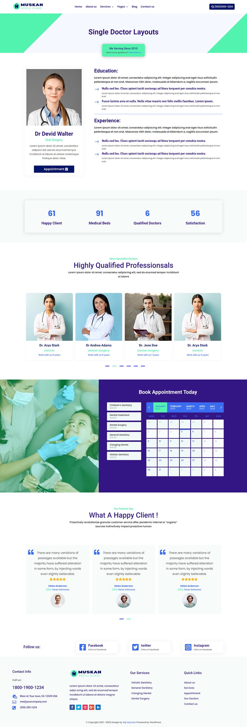 May include: Website for a dental clinic called Muskan Dental Clinic. The website features a blue and green color scheme and includes information about the clinic's services, doctors, and appointment booking. The website also includes testimonials from satisfied patients.