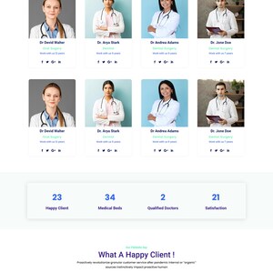 May include: Website homepage for Muskan Dental Clinic, featuring a team of dentists with their specialties and years of experience. The website also includes information about the clinic's services, contact information, and social media links.