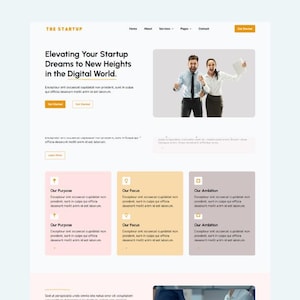 Puede incluir: Una página de inicio de sitio web para una empresa de nueva creación. El sitio web presenta una foto de dos personas sonriendo y sosteniendo una computadora portátil. El texto en la página dice "Elevating Your Startup Dreams to New Heights in the Digital World." El sitio web también incluye secciones para "Our Purpose", "Our Focus" y "Our Ambition".