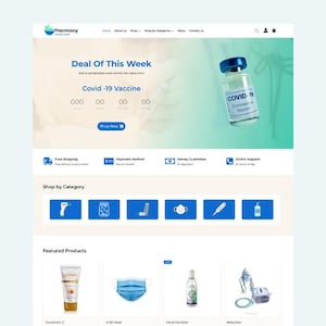 May include: A website for an online pharmacy featuring a deal of the week on Covid-19 vaccines. The website has a blue and white colour scheme and includes a range of products, such as sunscreen, face masks, hand sanitiser, and nebulisers.