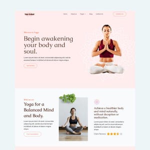 Puede incluir: Una página de inicio de sitio web para una escuela de yoga. El sitio web presenta un fondo rosa con un diseño de mandala blanco. El texto "Yoga School" está en la parte superior de la página. El texto "Begin awakening your body and soul." está en una fuente grande. El texto "Lorem ipsum dolor sit amet, consectetur adipiscing elit, sed do eiusmod tempor incididunt ut labore et dolore magna aliqua" está debajo del texto grande. El texto "Get Started" está debajo del texto Lorem ipsum. La imagen muestra a una mujer sentada en una postura de yoga con sus manos en posición de oración. El texto "Why we are" está en la parte superior de la página. El texto "Yoga for a Balanced Mind and Body." está en una fuente grande. El texto "Lorem ipsum dolor sit amet, consectetur adipiscing elit, sed do eiusmod tempor incididunt ut labore et dolore magna aliqua" está debajo del texto grande. El texto "Free Consultation" está debajo del texto Lorem ipsum. La imagen muestra a una mujer sentada en una postura de yoga con sus manos en posición de oración. El texto "Achieve a healthier body and mind naturally, without deception or medication." está en una fuente grande. El texto "Lorem ipsum dolor sit amet, consectetur adipiscing elit, sed do eiusmod tempor incididunt ut labore et dolore magna aliqua" está debajo del texto grande. El texto "Client Reviews" está debajo del texto Lorem ipsum. La imagen muestra a una mujer sentada en una postura de yoga con sus manos en posición de oración.