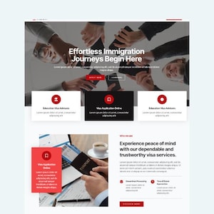Puede incluir: Página de inicio de un sitio web para una empresa de servicios de inmigración. El sitio web presenta a un grupo de personas que sostienen teléfonos inteligentes, un pasaporte y una computadora portátil. El texto en el sitio web dice "Viajes de inmigración sin esfuerzo, comienzan aquí" y "Experimenta la tranquilidad con nuestros servicios de visa confiables y confiables."