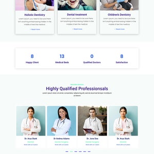 May include: Website homepage for Muskan Dental Clinic, featuring a blue and white color scheme. The website highlights the clinic's services, including dental surgery, general dentistry, and children's dentistry. The website also features a section on highly qualified professionals, with photos of four dentists. The website includes a call to action to book an appointment.