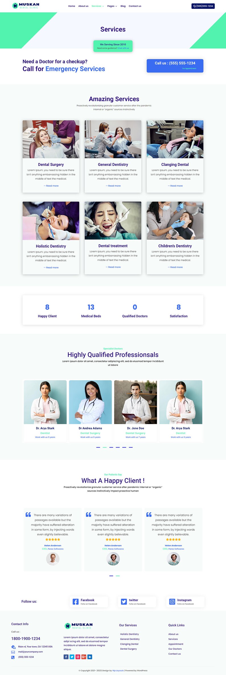 May include: Website homepage for Muskan Dental Clinic, featuring a blue and white color scheme. The website highlights the clinic's services, including dental surgery, general dentistry, and children's dentistry. The website also features a section on highly qualified professionals, with photos of four dentists. The website includes a call to action to book an appointment.