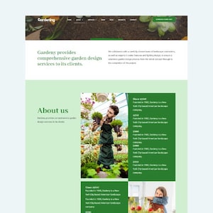Puede incluir: Un sitio web para una empresa de diseño de jardines llamada Gardeny. El sitio web presenta un fondo verde con imágenes de plantas y una persona sosteniendo plantas. El texto "Gardeny provides comprehensive garden design services to its clients." se muestra en la página. El sitio web también incluye una sección sobre la historia de la empresa, con información sobre la fundación y el crecimiento de la empresa.