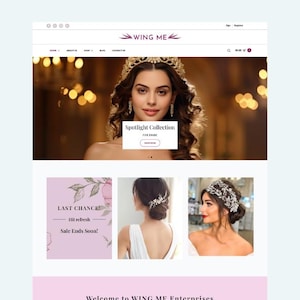 Puede incluir: Página de inicio del sitio web de WING ME Enterprises, una boutique de accesorios para el cabello. El sitio web presenta una imagen de banner de una mujer con una corona y joyas, con el texto "Spotlight Collection" y un botón "Shop Now". Debajo del banner hay tres imágenes de accesorios para el cabello, con el texto "Last Chance! Hit refresh Sale Ends Soon!" a la izquierda.