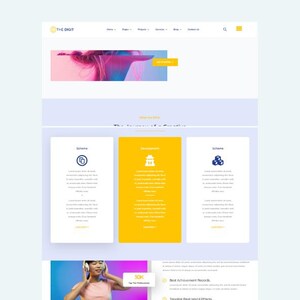 Puede incluir: Una captura de pantalla de un sitio web que muestra un esquema de color amarillo y azul. El sitio web es para una empresa llamada "The Digit" y presenta una sección titulada "The Essence of Connection" con tres cuadros amarillos que contienen texto e iconos. El texto en los cuadros describe "Schemes", "Engagement" y "Scheme".