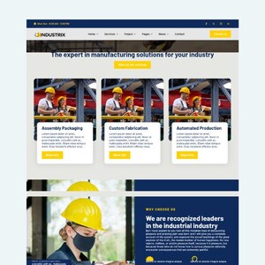 Puede incluir: Diseño web para Industrix, un proveedor de soluciones de fabricación. El sitio presenta secciones sobre embalaje de montaje, fabricación personalizada y producción automatizada. El diseño utiliza un esquema de color azul y amarillo con imágenes de trabajadores.