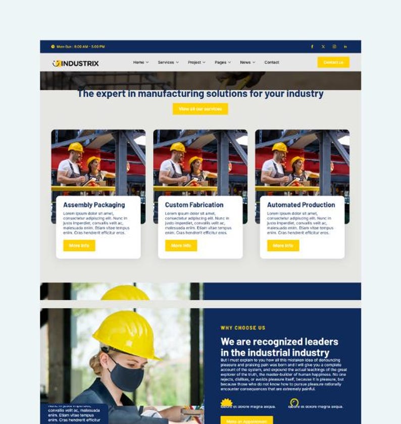 May include: A website design for Industrix, a manufacturing solutions provider. The site features sections on assembly packaging, custom fabrication, and automated production. The design uses a blue and yellow color scheme with images of workers.