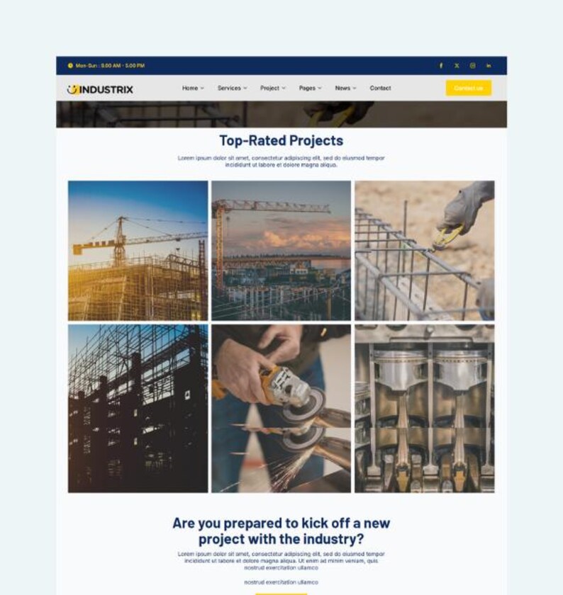 May include: Website design featuring the Industrix logo and navigation bar. The page showcases a grid of images highlighting construction projects, including cranes, scaffolding, and engine components. Text includes "Top-Rated Projects" and "Are you prepared to kick off a new project with the industry?"