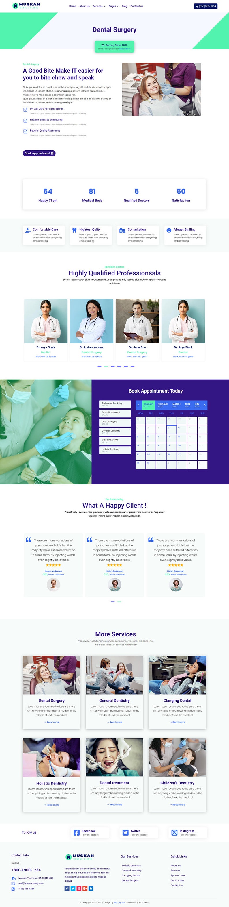 May include: A website for Muskan Dental Clinic, a dental surgery practice. The website features a blue and green color scheme and includes images of dentists and patients. The website also includes a calendar for booking appointments and testimonials from satisfied patients.