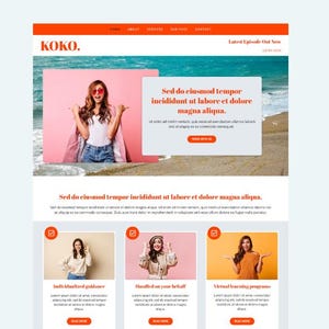 May include: Website homepage for KOKO, a company offering individualized guidance, handled on your behalf services, and virtual learning programs. The website features a woman in a pink jacket and sunglasses against a beach background. The text "Sed do eiusmod tempor incididunt ut labore et dolore magna aliqua." is displayed on the website.