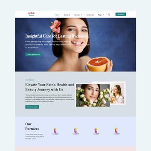 May include: A website design with a teal and white color scheme. The header includes a logo and navigation links. The main image features a woman holding a grapefruit. Text includes "Insightful Care for Lasting Radiance."