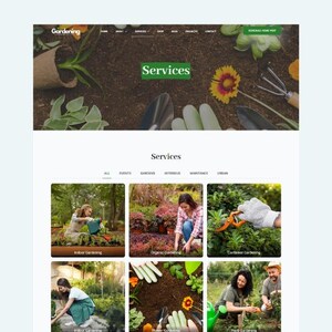 May include: A website for a gardening company offering services such as indoor gardening, organic gardening, container gardening, flower gardening, and herb gardening.