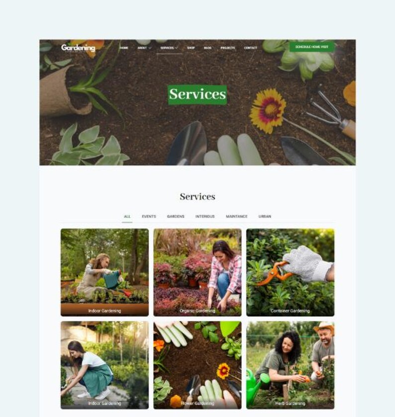 May include: A website for a gardening company offering services such as indoor gardening, organic gardening, container gardening, flower gardening, and herb gardening.