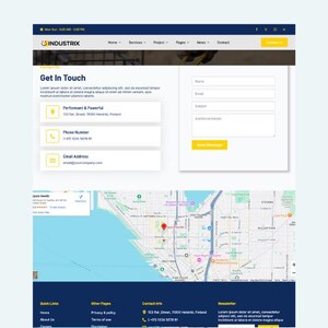 May include: A website design with a blue and white color scheme. The page includes a contact form, address, phone number, and email. A map of a city is at the bottom. The website's logo is at the top.