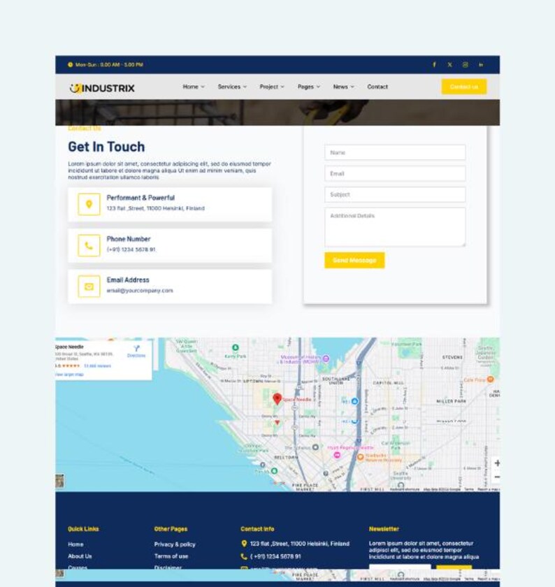 May include: A website design with a blue and white color scheme. The page includes a contact form, address, phone number, and email. A map of a city is at the bottom. The website's logo is at the top.