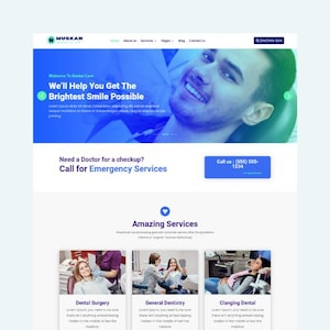 May include: A website for a dental clinic called Muskan Dental Clinic. The website features a smiling man with bright white teeth, a call to action to book an appointment, and a section highlighting the clinic's services: Dental Surgery, General Dentistry, and Clanging Dental.