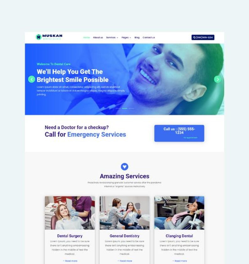 May include: A website for a dental clinic called Muskan Dental Clinic. The website features a smiling man with bright white teeth, a call to action to book an appointment, and a section highlighting the clinic's services: Dental Surgery, General Dentistry, and Clanging Dental.