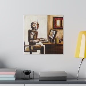 ロボットの机の油絵 - マットキャンバス、ストレッチ、0.75インチ
