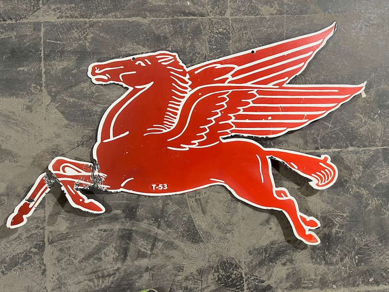Vintage Mobil Flying Red Horse Pegasus Rusted Gas & Oil Porcelain Sign ...