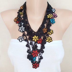 Boho Black Colorful Flower Necklace, Crochet Flower with Beads, Unique Y necklace, Open lariat necklace, Botanical Jewelry, Handmade Gift