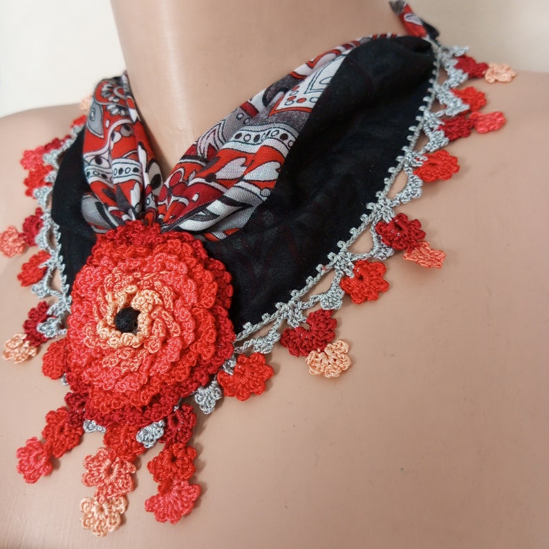 Scarf Necklace, Statement Collar Necklace, Crochet Flower Jewelry, Bib