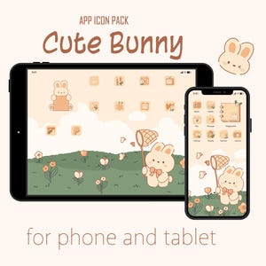 Puede incluir: Ilustración digital de un teléfono y una tableta que muestran un paquete de iconos de aplicaciones "Cute Bunny". Las pantallas muestran un tema de conejito con iconos, un conejito con una red de mariposas y el texto "for phone and tablet". La paleta de colores incluye beige, marrón y verde.