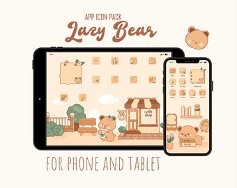 Lazy Bear App Icon Pack: Kawaii iOS/Android-thema, widgets en achtergrond (digitale download)