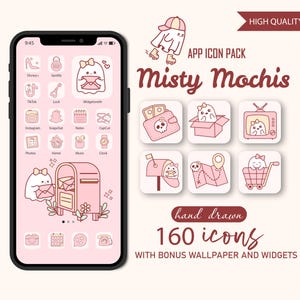 Pode incluir: Um smartphone exibe um pacote de ícones de aplicativos personalizado chamado "Misty Mochis". Os ícones desenhados à mão têm uma estética rosa e apresentam personagens semelhantes a fantasmas. O pacote inclui 160 ícones, papéis de parede e widgets bônus.