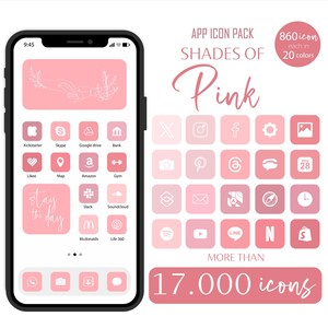 Ensemble d&#39;icônes d&#39;application roses : iOS + Android, icônes de mise en évidence des réseaux sociaux (téléchargement numérique)