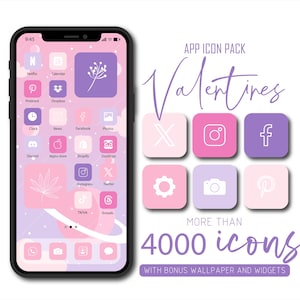 Ensemble d&#39;icônes d&#39;application Saint-Valentin : thème Android iOS violet et rose (téléchargement numérique)