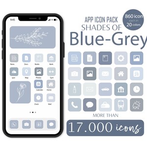 ブルーグレーのアプリアイコンセット: iOS + Android (デジタルダウンロード)