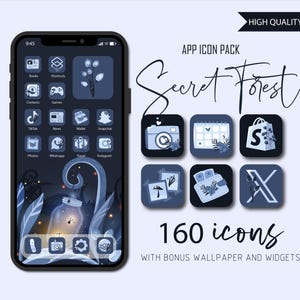 May include: A phone screen displaying a set of 160 app icons with a forest theme. The icons are blue and white with floral accents. The text "Secret Forest" is displayed above the icons. The text "160 icons" is displayed below the icons. The text "WITH BONUS WALLPAPER AND WIDGETS" is displayed below the text "160 icons".