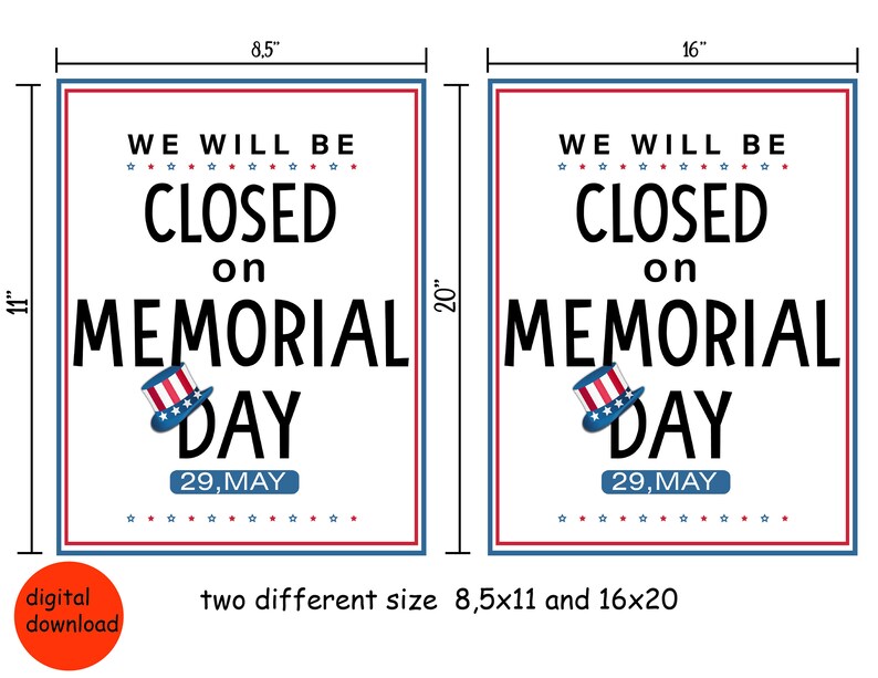 PRINTABLE Closed Memorial Day Poster Closed on Memorial Day Etsy