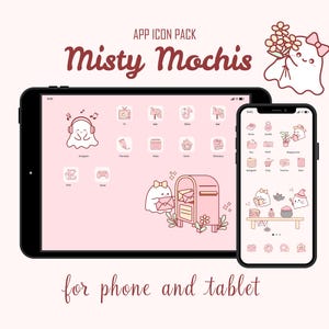 May include: A digital app icon pack for phones and tablets, with a pink and white theme and ghost characters. The text "Misty Mochis" is displayed at the top, with additional text at the bottom. The icons are displayed on a tablet and a smartphone.