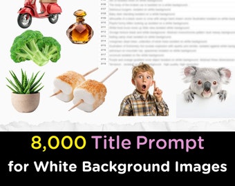 May include: A collection of various objects on a white background, including a red scooter, a glass bottle of amber liquid, a green broccoli, a small potted succulent, two marshmallows on sticks, a young boy with a surprised expression, and a koala bear peeking over a white surface.