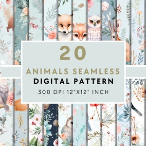 Cute Animal Seamless pattern, Woodland Animals Digital Paper with Commercial Use