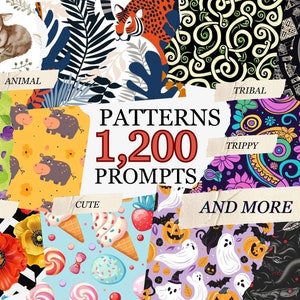 May include: A collage of colorful patterns, including animal, floral, tribal, and cute designs. The text "Patterns 1,200 Prompts and More" is displayed in the center of the image.