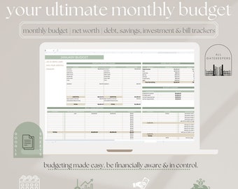 Ultimate Monthly Budget || Google Spreadsheet Template || Sage Green || Detailed Expenses || Personal Finances Template || Debt || Savings