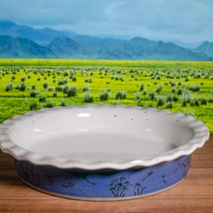 10.75&quot; Ceramic Pie Dish With Fluted Rim & Blue Carved Dandelion Pattern – Stoneware Bakeware, Wheel-Thrown Ovenware, Deep Dish Pie Plate
