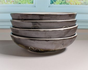 Shallow Black Porcelain Sgraffito Bowls – Ceramic, Handmade, Hand Painted