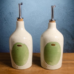 Olive Oil Cruet – Ceramic Oil Dispenser Bottle, Wheel-Thrown Cork Top Bottle, Stoneware Cruet, Salad Dressing Bottle, White Olive Oil Bottle